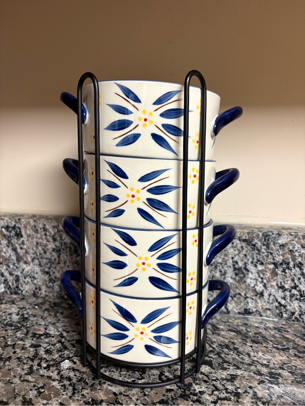 Temptations White and Blue Stacked Ceramic Soup Mugs with Rack